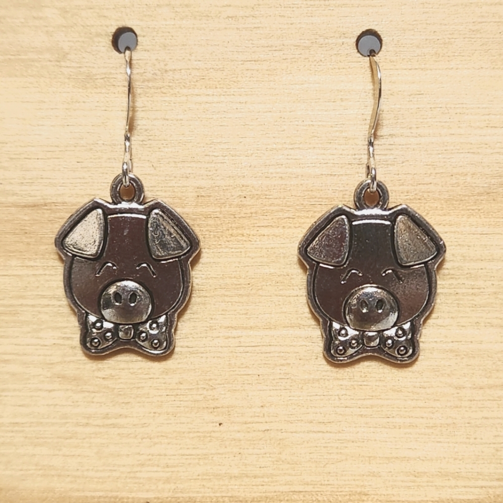 Pig Charm Earrings Tibetan Silver Charms on Sterling Silver French…